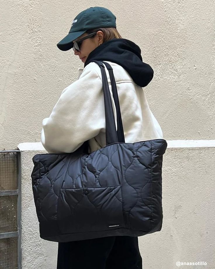 large quilted nylon tote bag black adanola