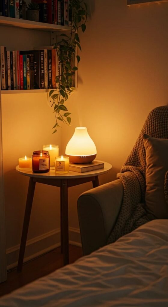 nooklamp “Soft ambient lamp lighting up a reading corner — cozy autumn decor”