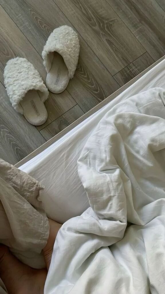 sherpslipps “Fuzzy sherpa slippers on a soft rug beside bookshelf — warm fall evening”